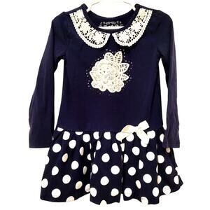 FLAPDOODLES Dress Navy White Polka Dots Lace Collar Lace Flower Applique Bow 4T
